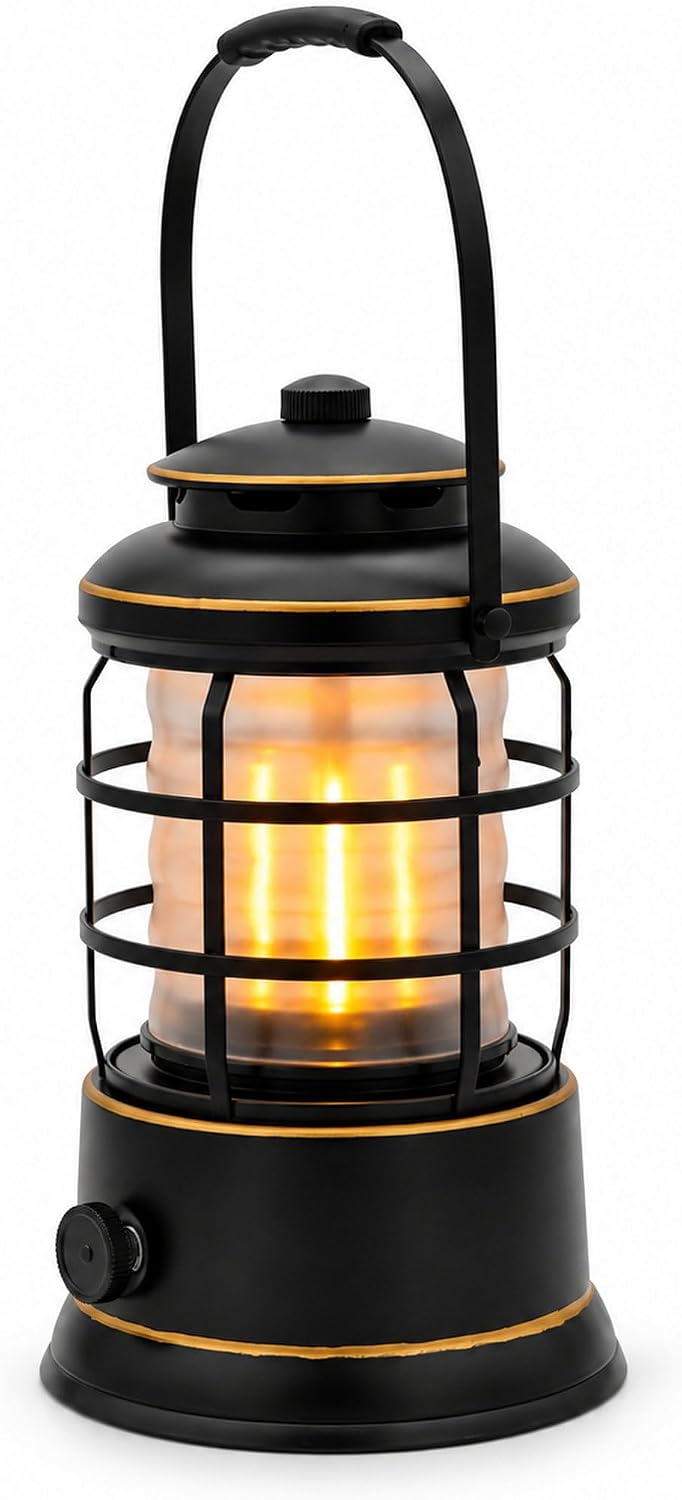 Rechargeable Camping Lantern, Vintage LED, Battery Powered, Black