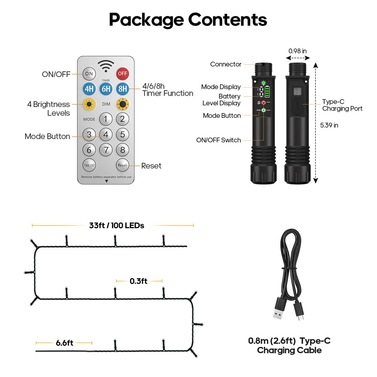 Rechargeable String Lights, 33ft 200LED Rechargeable Fairy Lights with Remote, Timer, IP65 Waterproof Portable Camping Lights for Tent, Patio, Bedroom, Outdoor Decor(Warm White)
