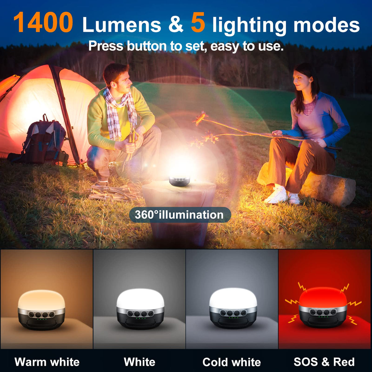 ZMNT LED Camping Lantern Rechargeable 1000LM, Up to 300H Running Time Camping Tent Light, 6700mAh Emergency Hanging Light for Hurricane, Power Outages, Home, Hiking, Water-Resistant, Black
