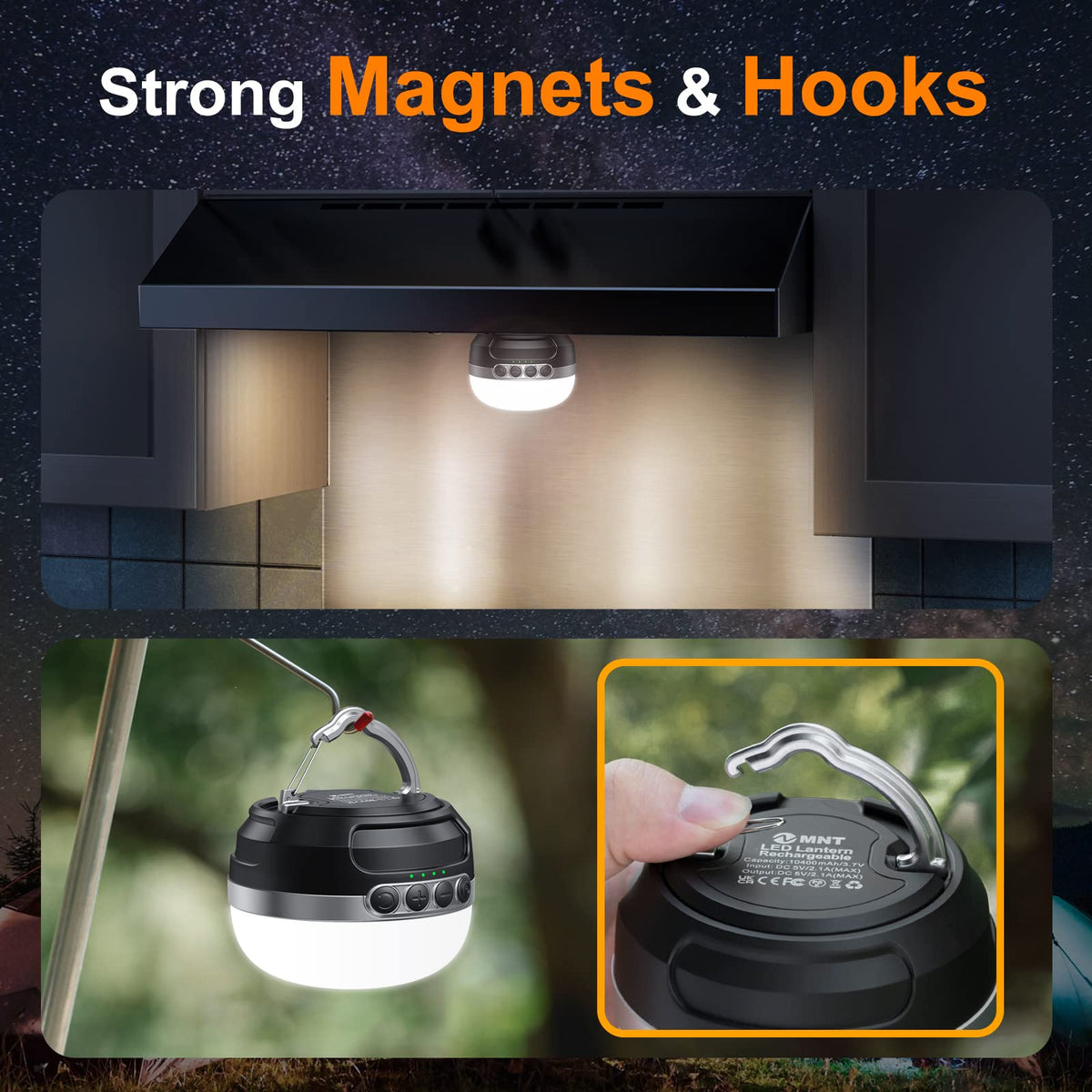ZMNT LED Camping Lantern Rechargeable 1000LM, Up to 300H Running Time Camping Tent Light, 6700mAh Emergency Hanging Light for Hurricane, Power Outages, Home, Hiking, Water-Resistant, Black