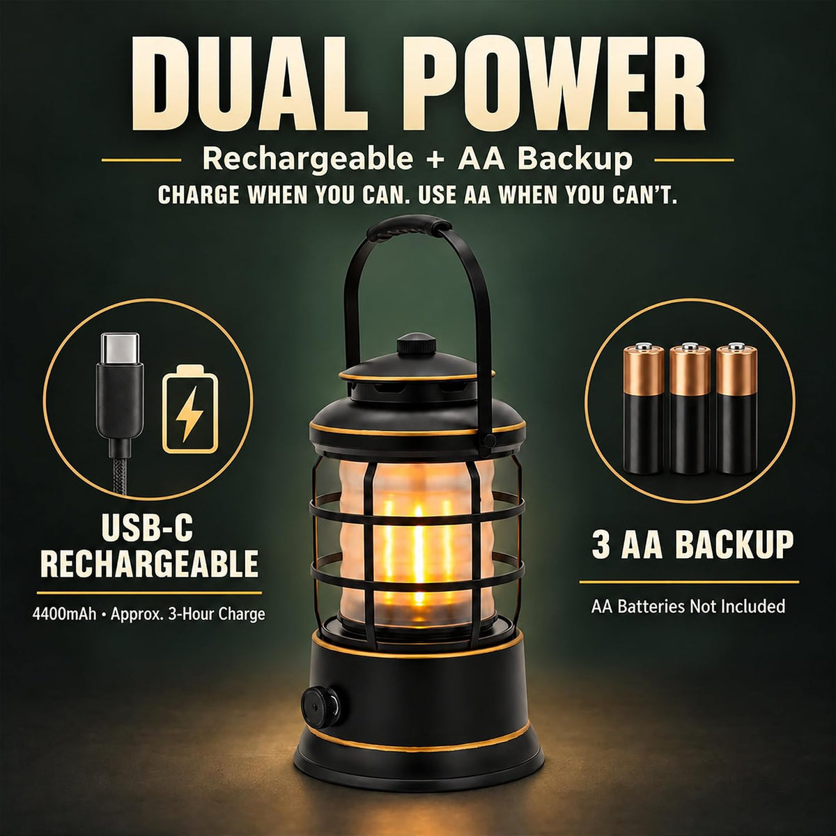 Rechargeable Camping Lantern, Vintage LED, Battery Powered, Black