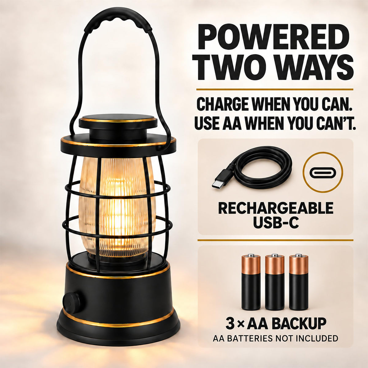 Rechargeable Camping Lantern, Vintage LED, Battery Powered, Black
