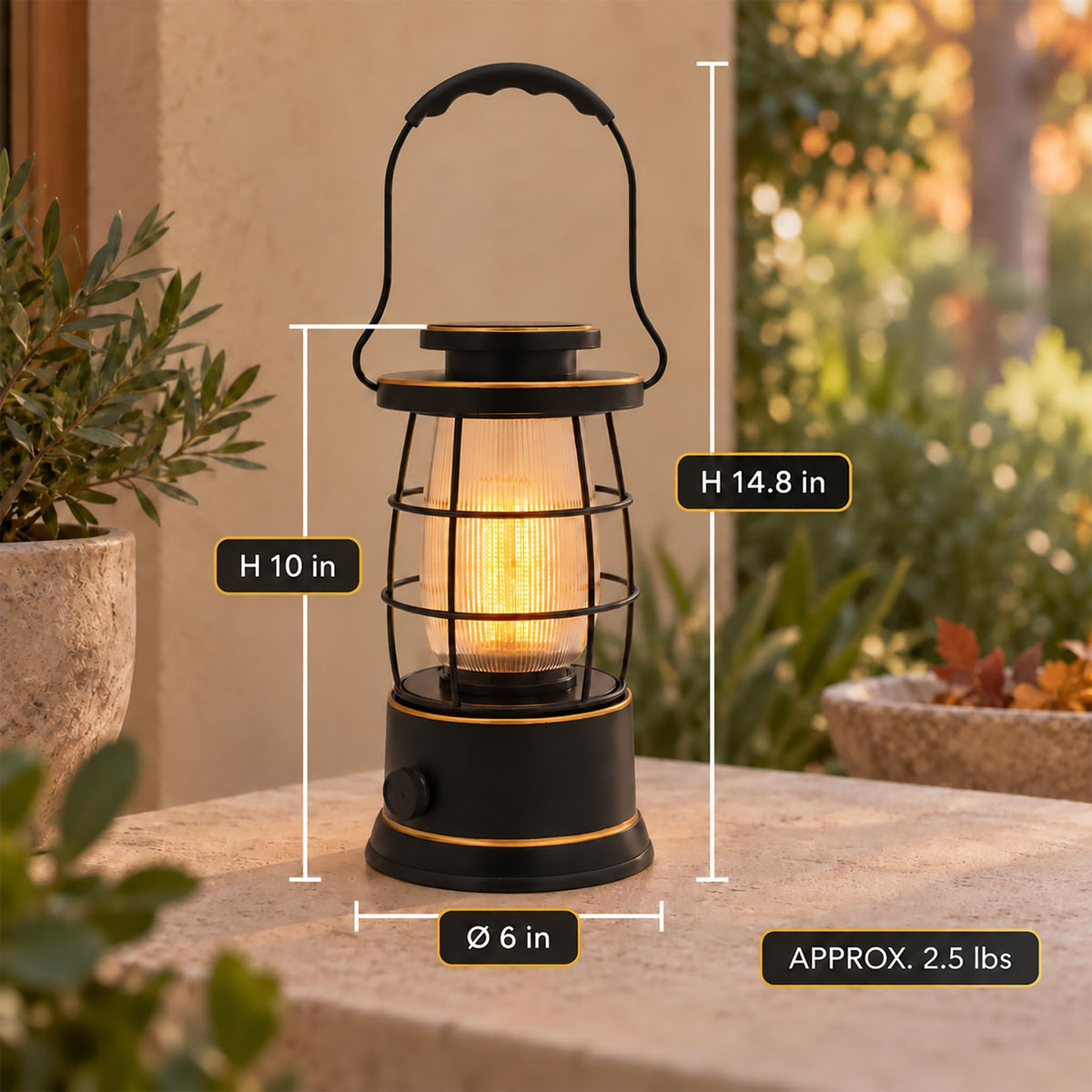 Rechargeable Camping Lantern, Vintage LED, Battery Powered, Black
