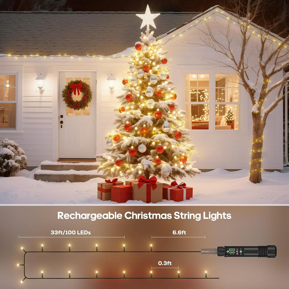 Rechargeable String Lights, 33ft 200LED Rechargeable Fairy Lights with Remote, Timer, IP65 Waterproof Portable Camping Lights for Tent, Patio, Bedroom, Outdoor Decor(Warm White)