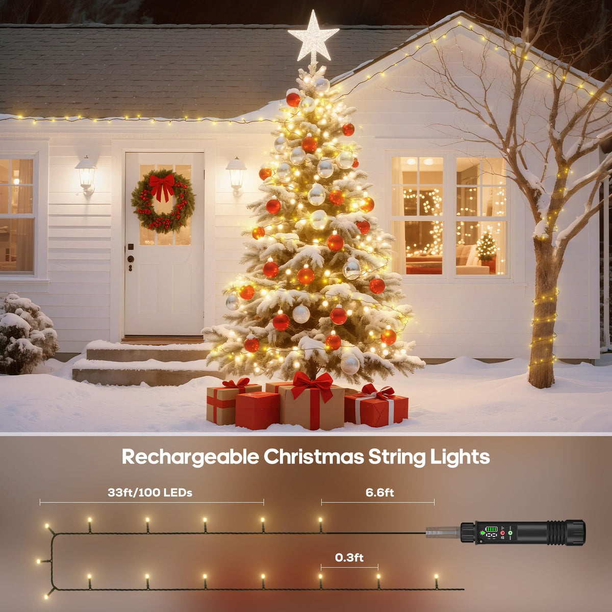 Rechargeable String Lights, 33ft 200LED Rechargeable Fairy Lights with Remote, Timer, IP65 Waterproof Portable Camping Lights for Tent, Patio, Bedroom, Outdoor Decor(Warm White)