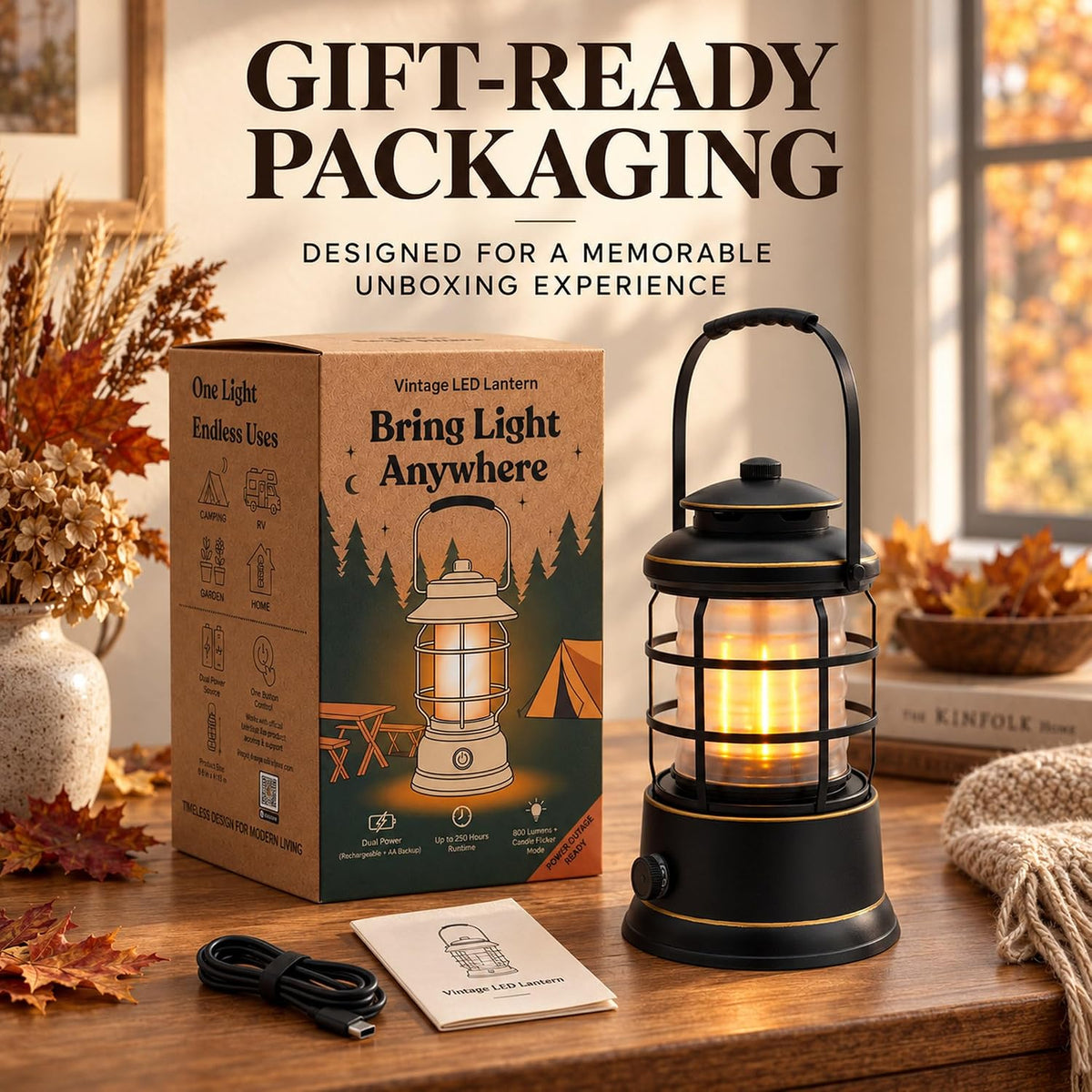 Rechargeable Camping Lantern, Vintage LED, Battery Powered, Black