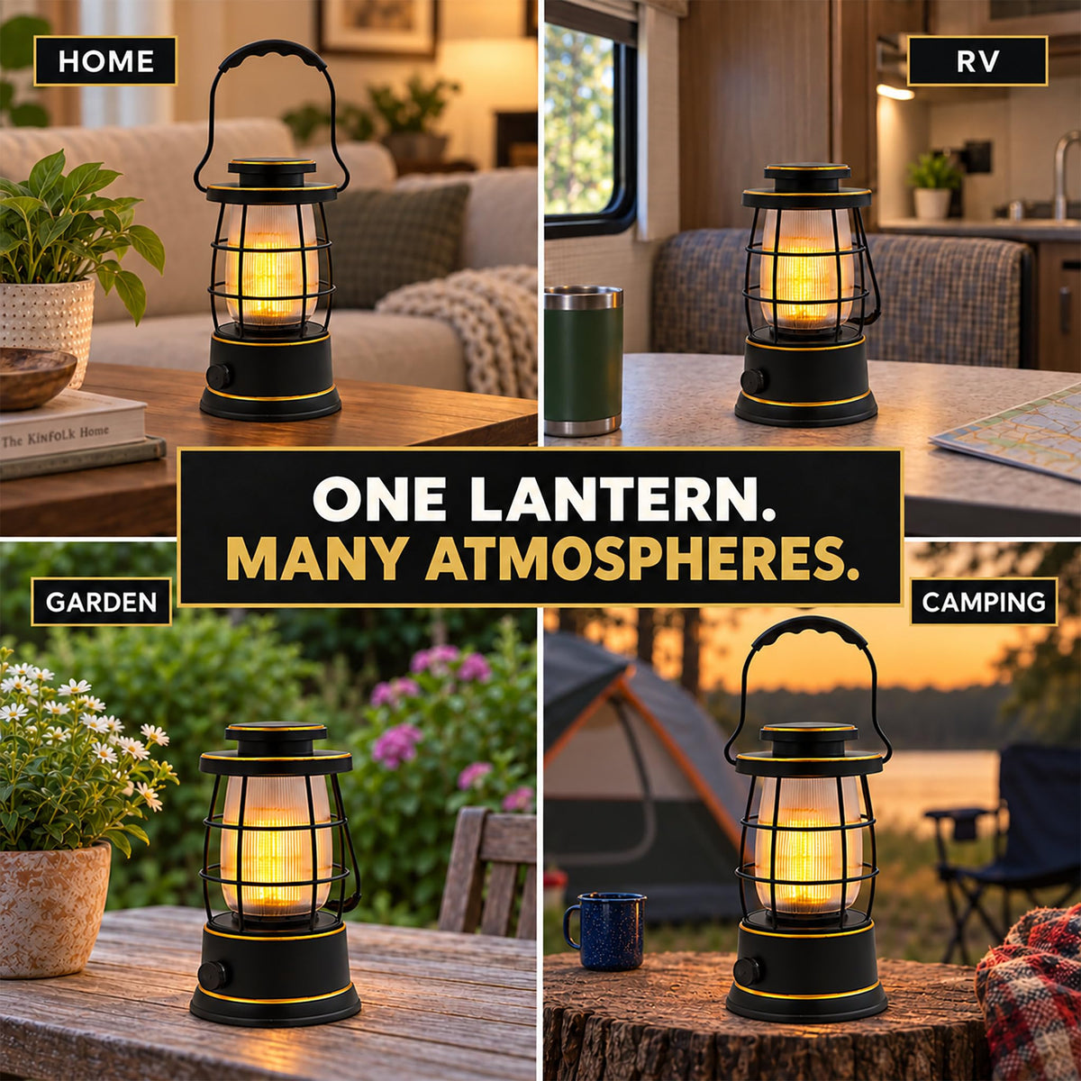 Rechargeable Camping Lantern, Vintage LED, Battery Powered, Black