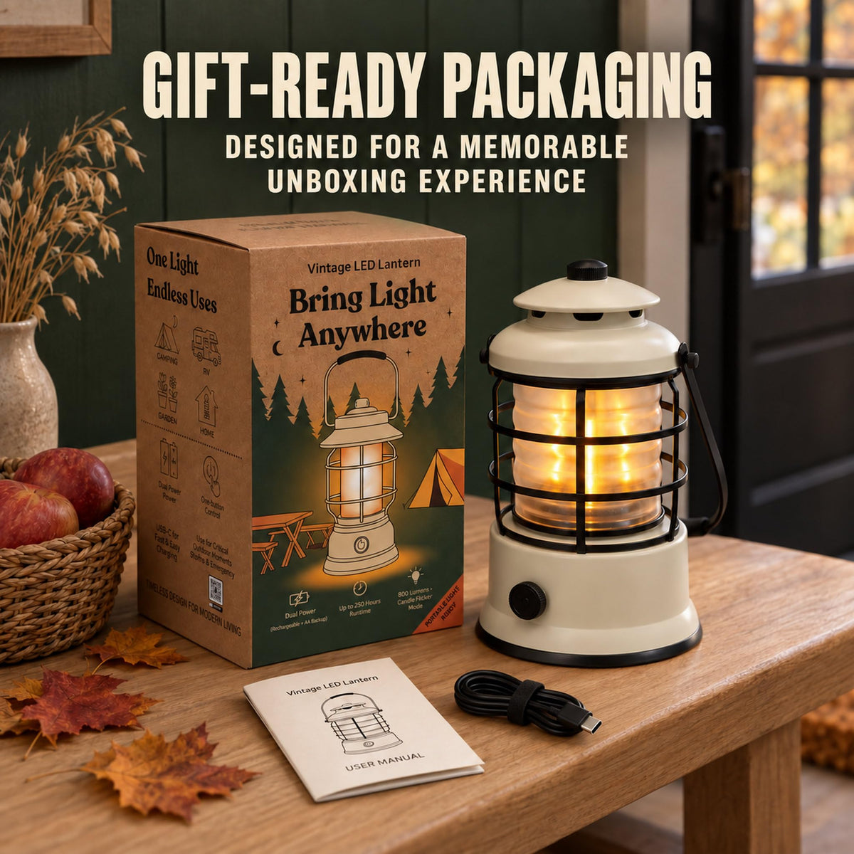 Rechargeable Camping Lantern, Vintage LED, Battery Powered, Black