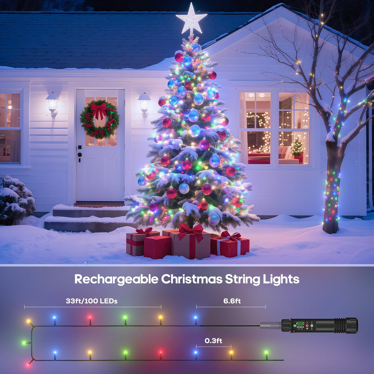 Rechargeable String Lights, 33ft 200LED Rechargeable Fairy Lights with Remote, Timer, IP65 Waterproof Portable Camping Lights for Tent, Patio, Bedroom, Outdoor Decor(Warm White)