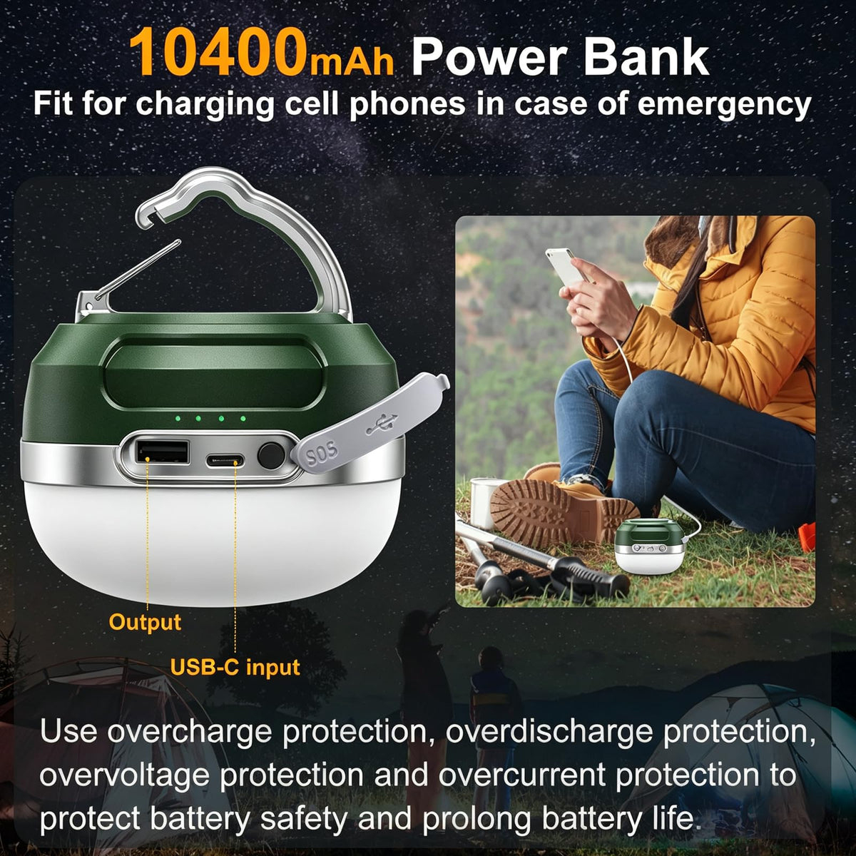 ZMNT LED Camping Lantern Rechargeable 1000LM, Up to 300H Running Time Camping Tent Light, 6700mAh Emergency Hanging Light for Hurricane, Power Outages, Home, Hiking, Water-Resistant, Black