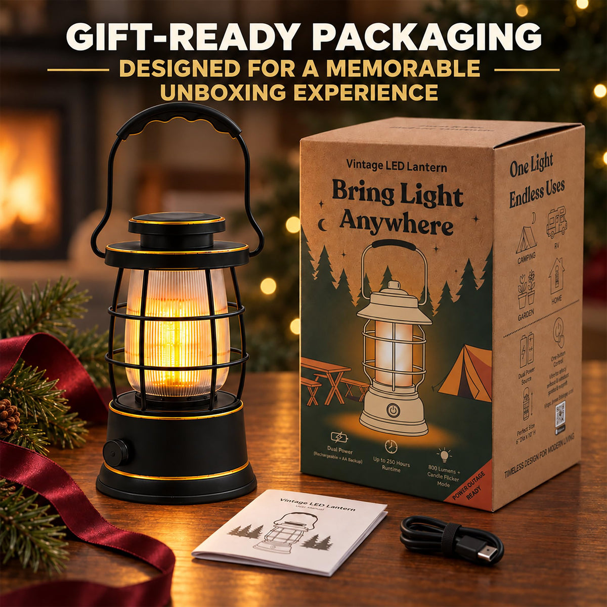 Rechargeable Camping Lantern, Vintage LED, Battery Powered, Black