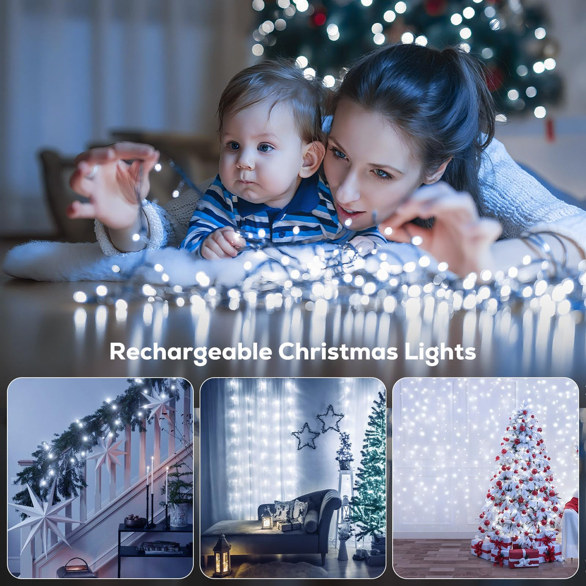 Rechargeable String Lights, 33ft 200LED Rechargeable Fairy Lights with Remote, Timer, IP65 Waterproof Portable Camping Lights for Tent, Patio, Bedroom, Outdoor Decor(Warm White)