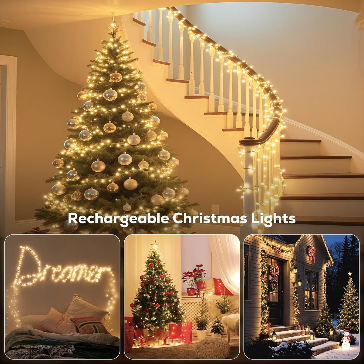 Rechargeable String Lights, 33ft 200LED Rechargeable Fairy Lights with Remote, Timer, IP65 Waterproof Portable Camping Lights for Tent, Patio, Bedroom, Outdoor Decor(Warm White)