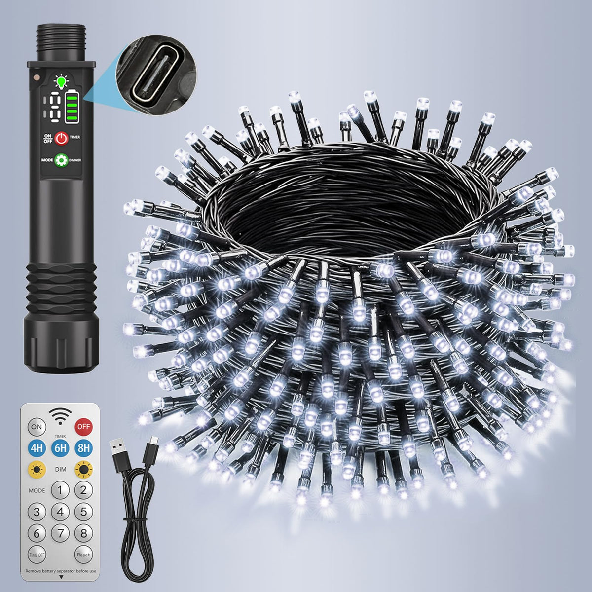 Rechargeable String Lights, 33ft 200LED Rechargeable Fairy Lights with Remote, Timer, IP65 Waterproof Portable Camping Lights for Tent, Patio, Bedroom, Outdoor Decor(Warm White)