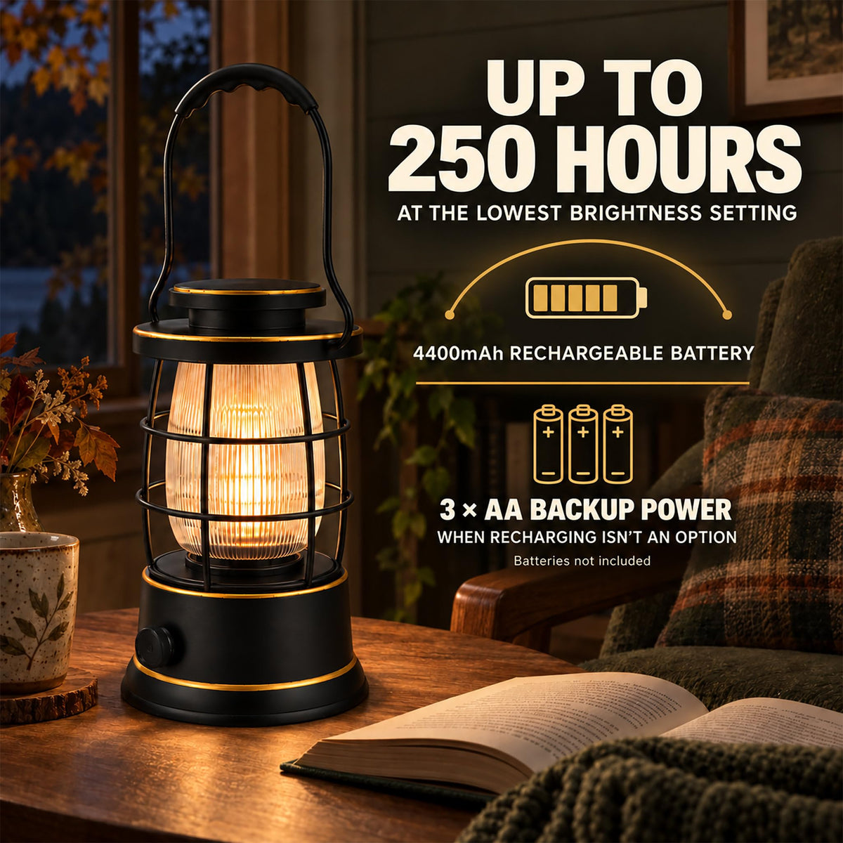 Rechargeable Camping Lantern, Vintage LED, Battery Powered, Black