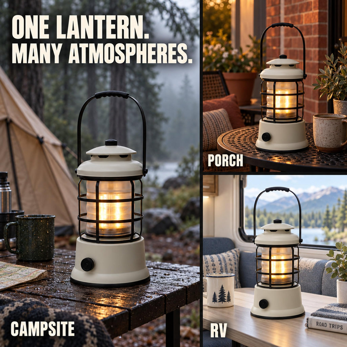 Rechargeable Camping Lantern, Vintage LED, Battery Powered, Black
