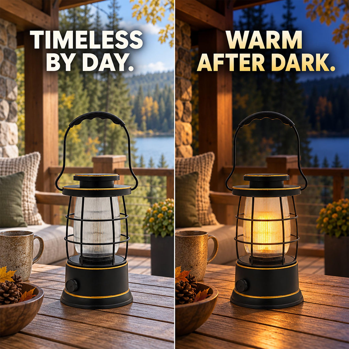 Rechargeable Camping Lantern, Vintage LED, Battery Powered, Black