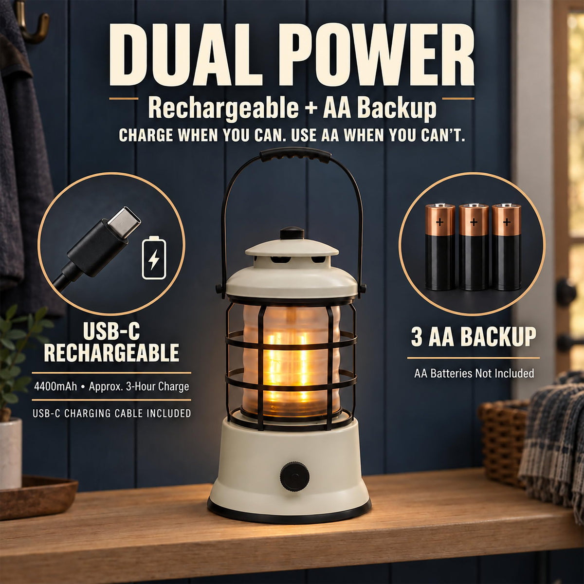 Rechargeable Camping Lantern, Vintage LED, Battery Powered, Black