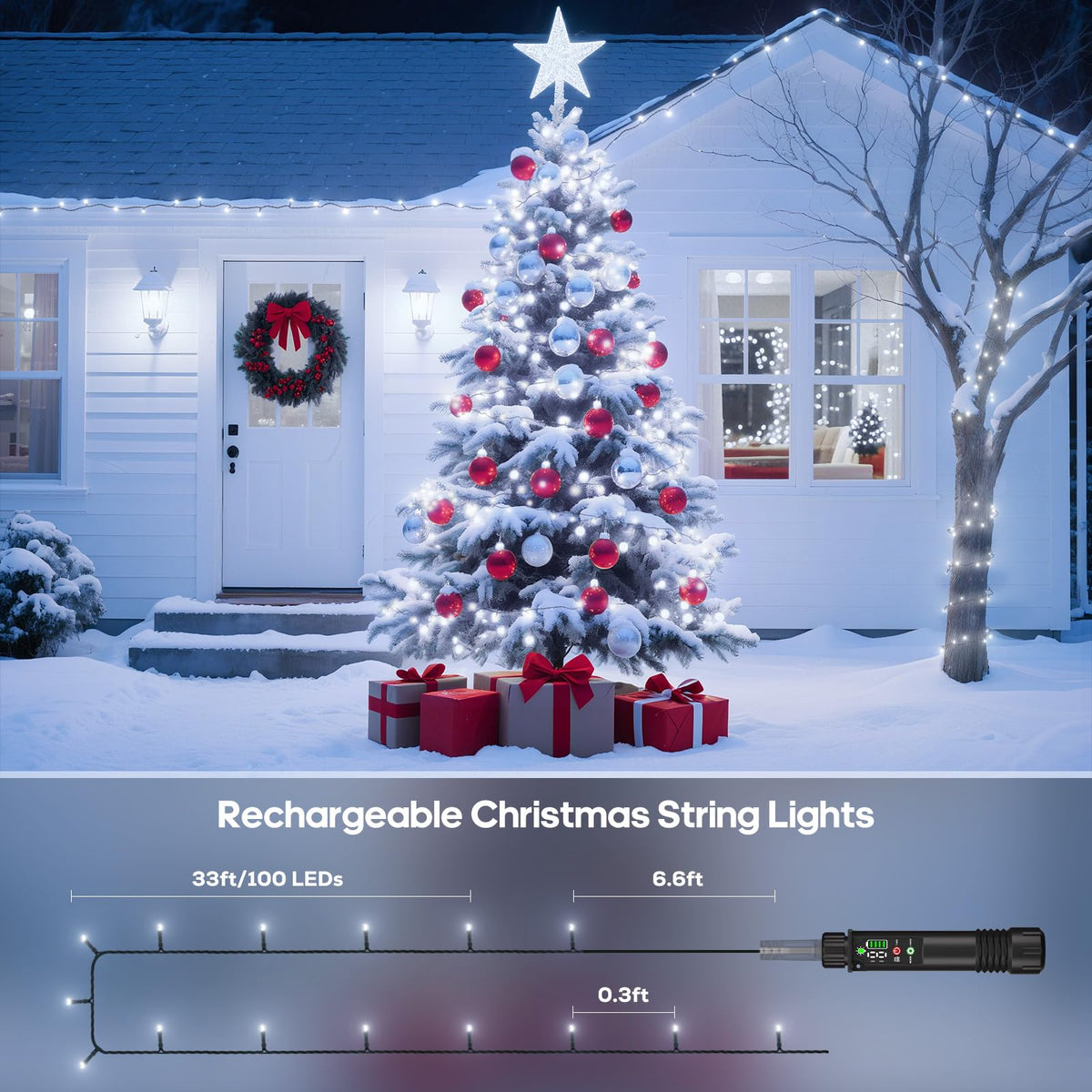 Rechargeable String Lights, 33ft 200LED Rechargeable Fairy Lights with Remote, Timer, IP65 Waterproof Portable Camping Lights for Tent, Patio, Bedroom, Outdoor Decor(Warm White)