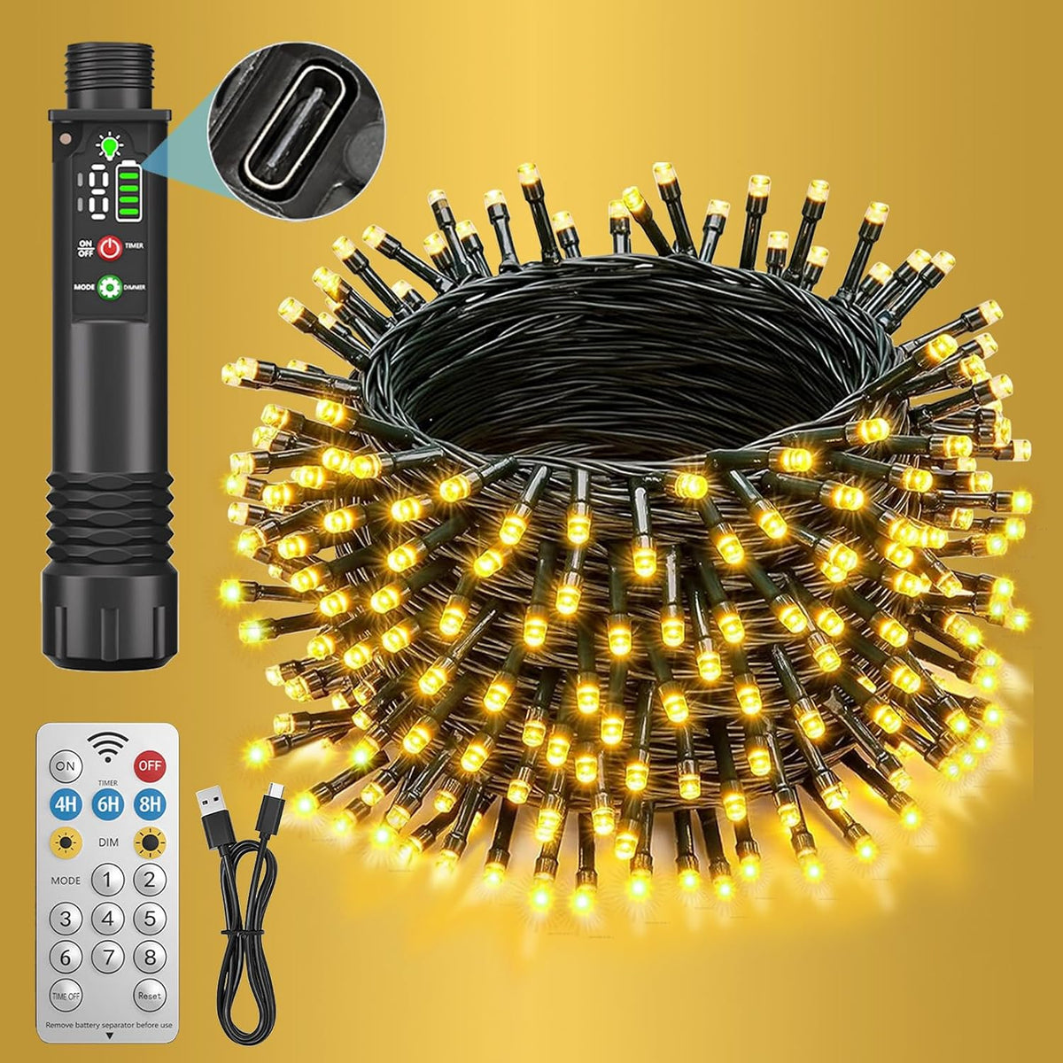 Rechargeable String Lights, 33ft 200LED Rechargeable Fairy Lights with Remote, Timer, IP65 Waterproof Portable Camping Lights for Tent, Patio, Bedroom, Outdoor Decor(Warm White)