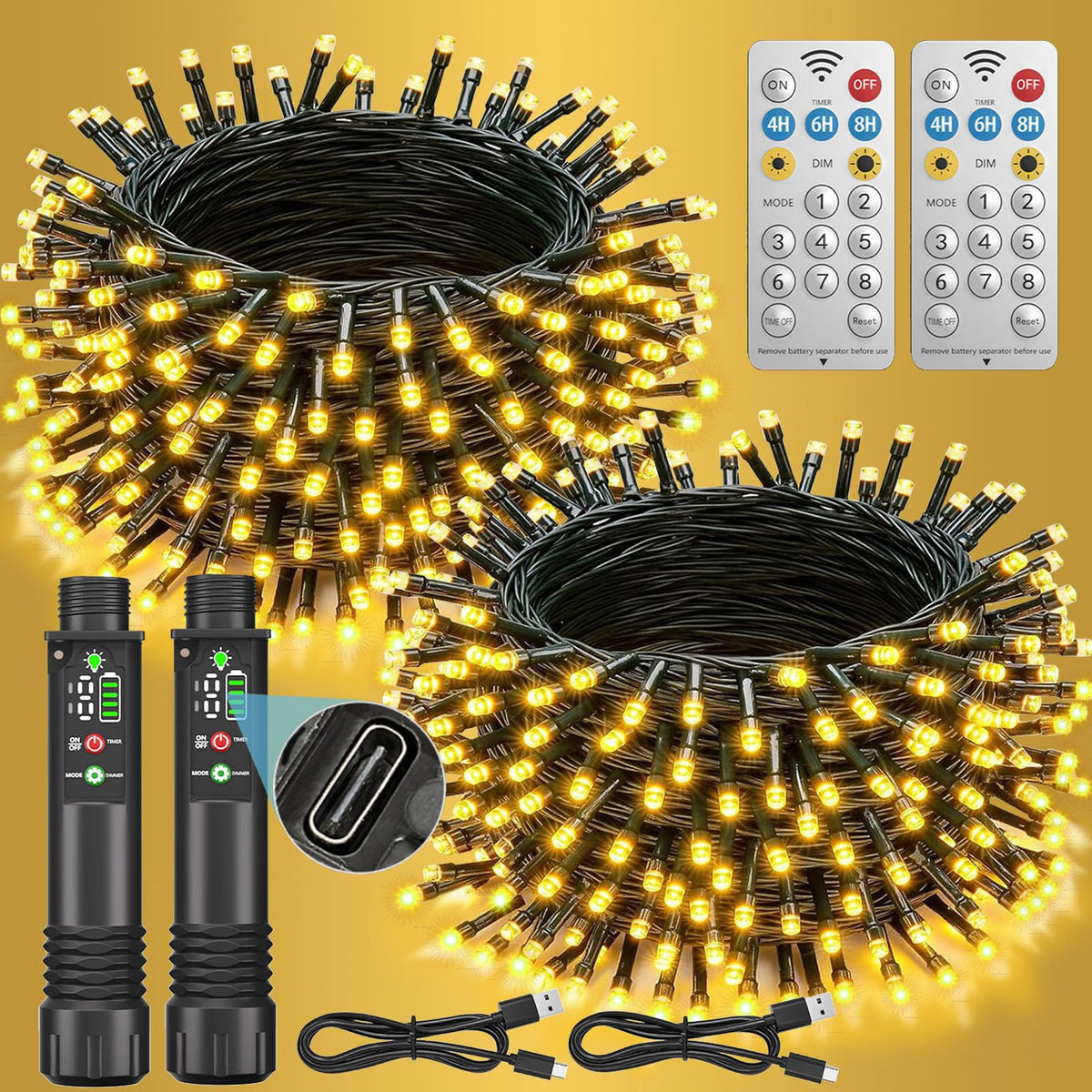 Rechargeable String Lights, 33ft 200LED Rechargeable Fairy Lights with Remote, Timer, IP65 Waterproof Portable Camping Lights for Tent, Patio, Bedroom, Outdoor Decor(Warm White)