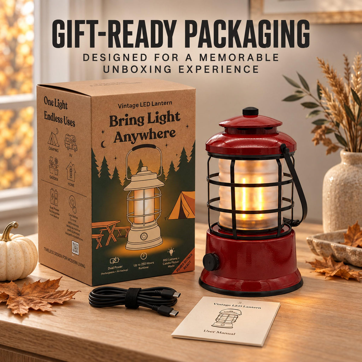 Rechargeable Camping Lantern, Vintage LED, Battery Powered, Black