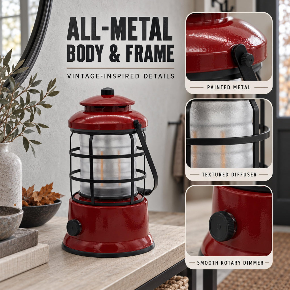 Rechargeable Camping Lantern, Vintage LED, Battery Powered, Black