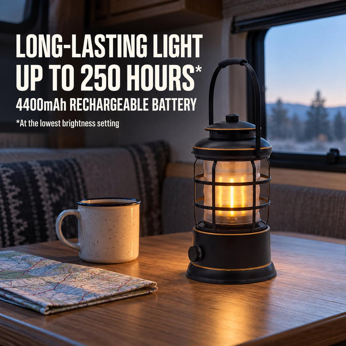 Rechargeable Camping Lantern, Vintage LED, Battery Powered, Black
